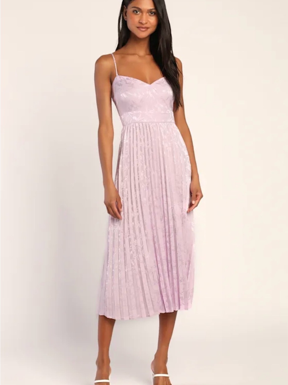 Lulus Regal Romance Lavender Floral Jacquard Pleated Satin Midi Dress